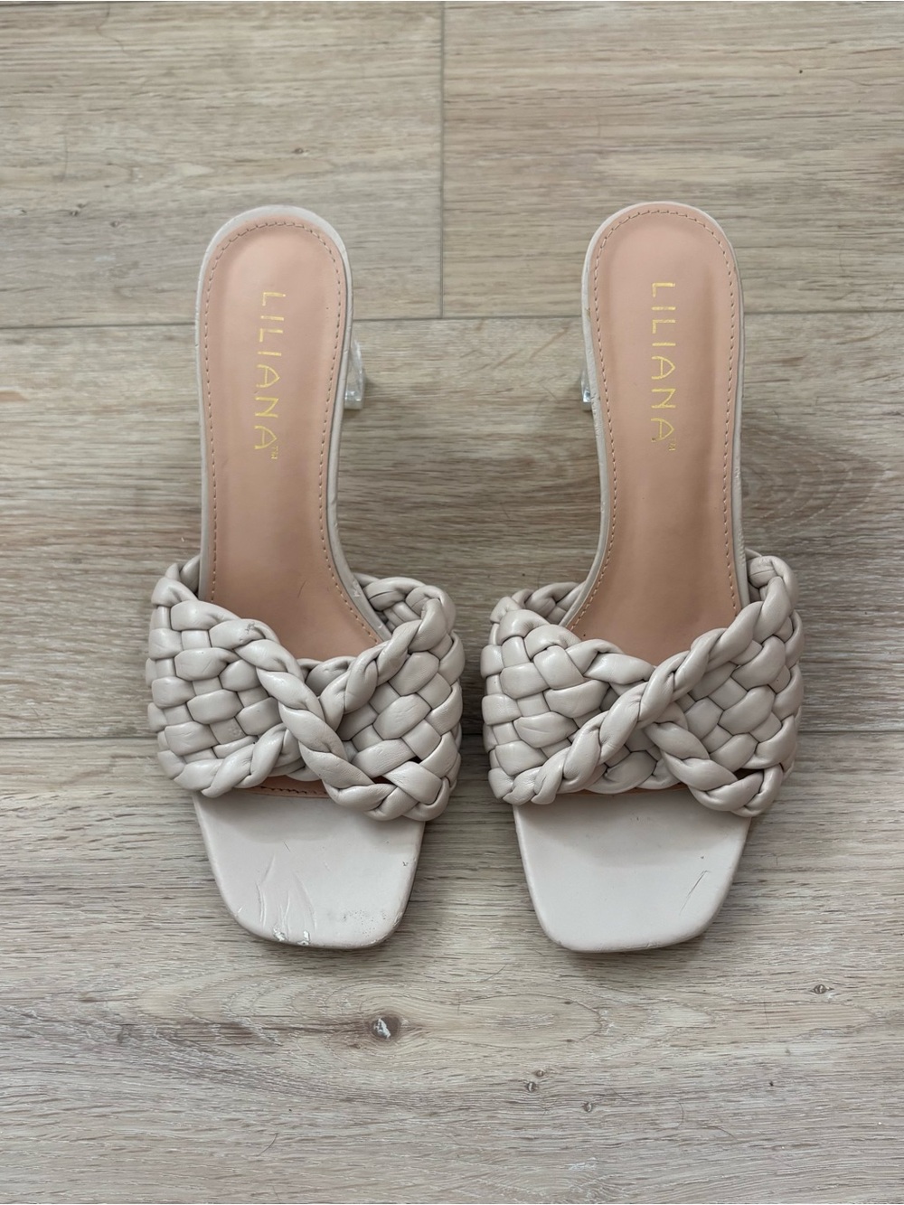 Liliana Cream Braided Square Toe Lucite Heel Mules Size 6